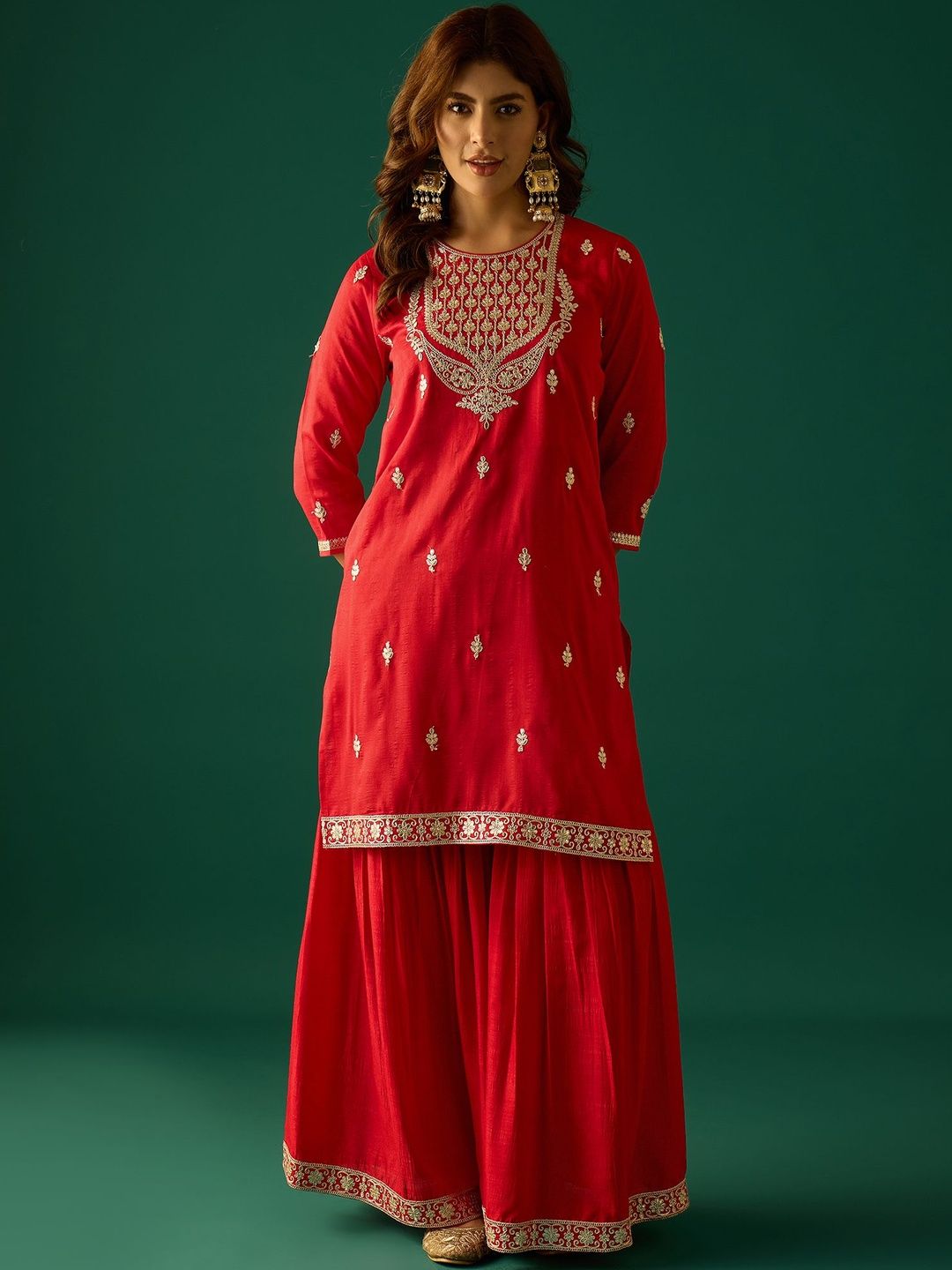Indyancart VA Ethnic Motifs Embroidered Zari Kurta With Sharara & Dupatta