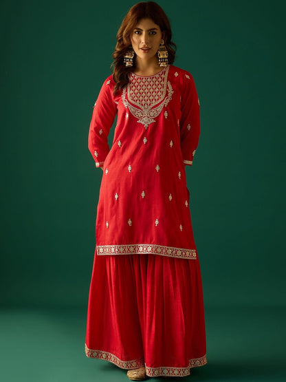 Indyancart VA Ethnic Motifs Embroidered Zari Kurta With Sharara & Dupatta