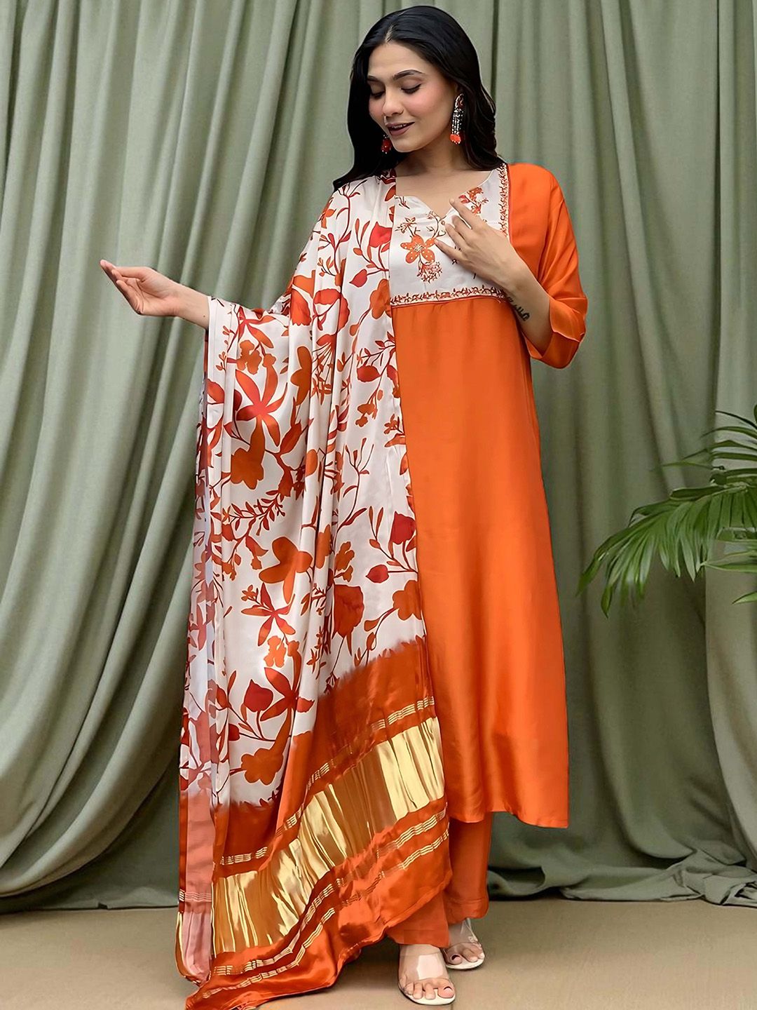 Indyancart SN Women's Floral Printed Cotton Anarkali Kurta with Trousers & Dupatta