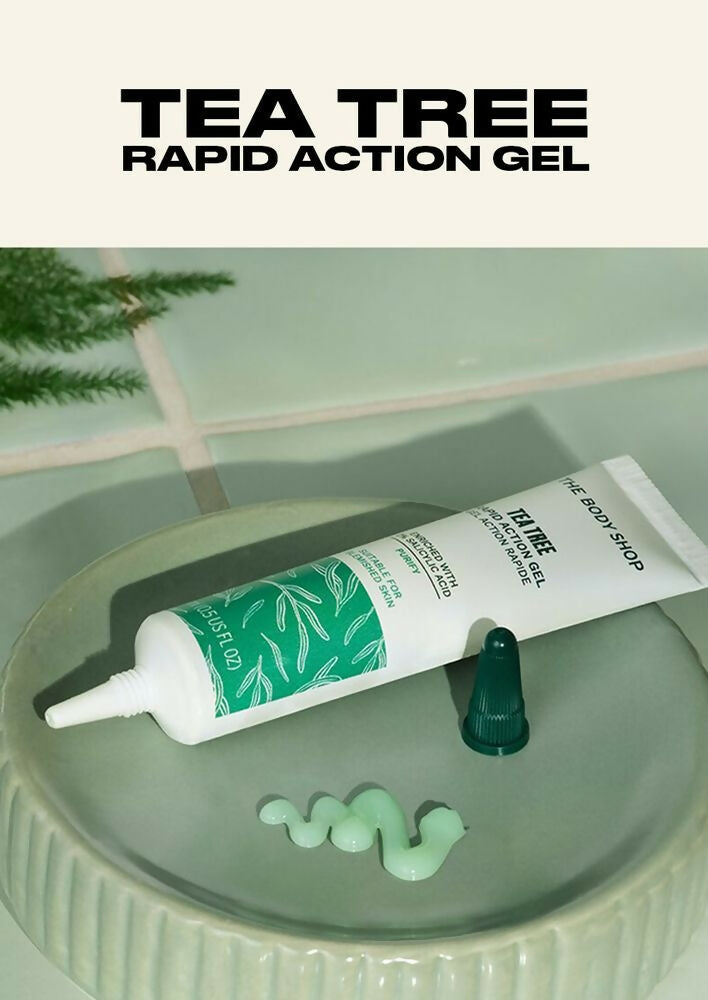 The Body Shop Tea Tree Rapid Action Gel for face, clear gel with tea tree oil for blemish treatment and skin clarity.