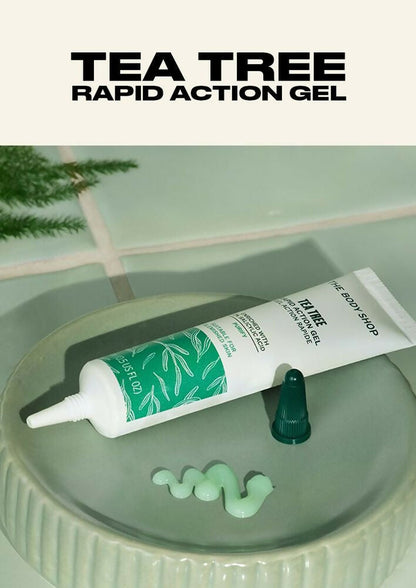 The Body Shop Tea Tree Rapid Action Gel for face, clear gel with tea tree oil for blemish treatment and skin clarity.