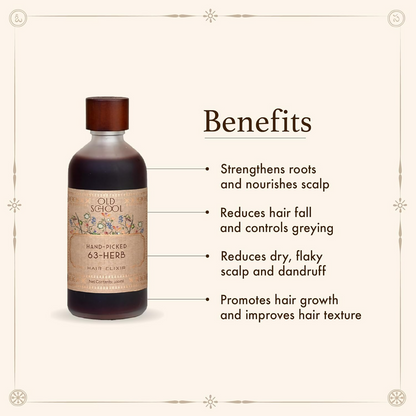 Old School Rituals 63-Herb Hair Elixir bottle showing natural hair oil for hair growth and strengthening with herbal ingredients.