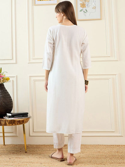 Indyancart IE Floral Embroidered Notched Neck Pure Cotton Straight Kurta With Trousers