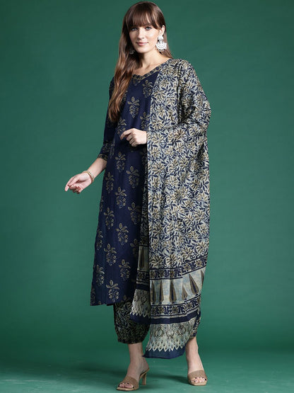 Indyancart IE Floral Printed Straight Pure Cotton Kurta with Salwar & Dupatta