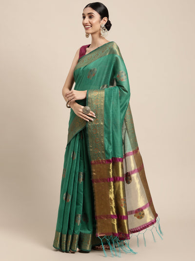 Indyancart GR Women's Vaibhavi Seafoam Green Cotton Blend Saree