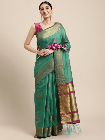 Indyancart GR Women's Vaibhavi Seafoam Green Cotton Blend Saree