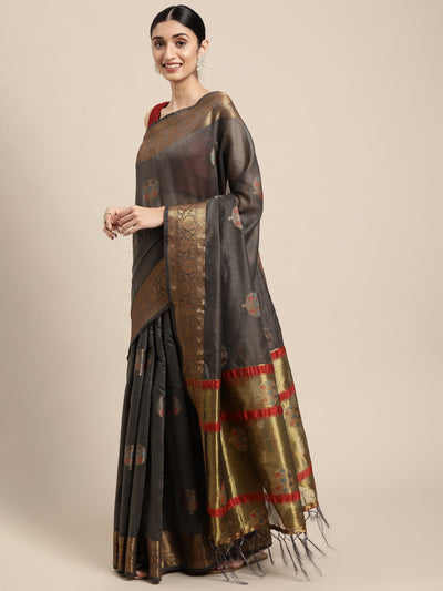 Indyancart GR Women's Vaibhavi Davy's Grey Cotton Blend Saree