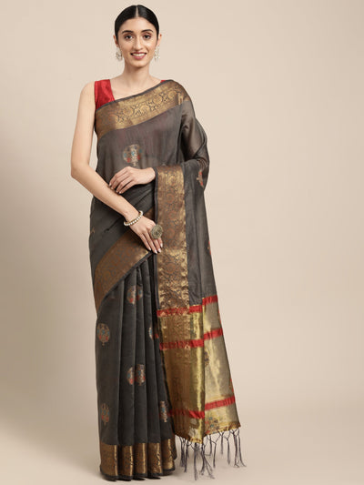 Indyancart GR Women's Vaibhavi Davy's Grey Cotton Blend Saree