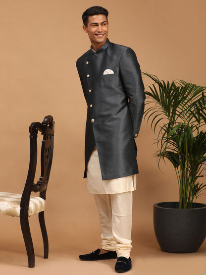 Men's Cream Viscose Straight Jacket  Kurta and Pyjama Set
