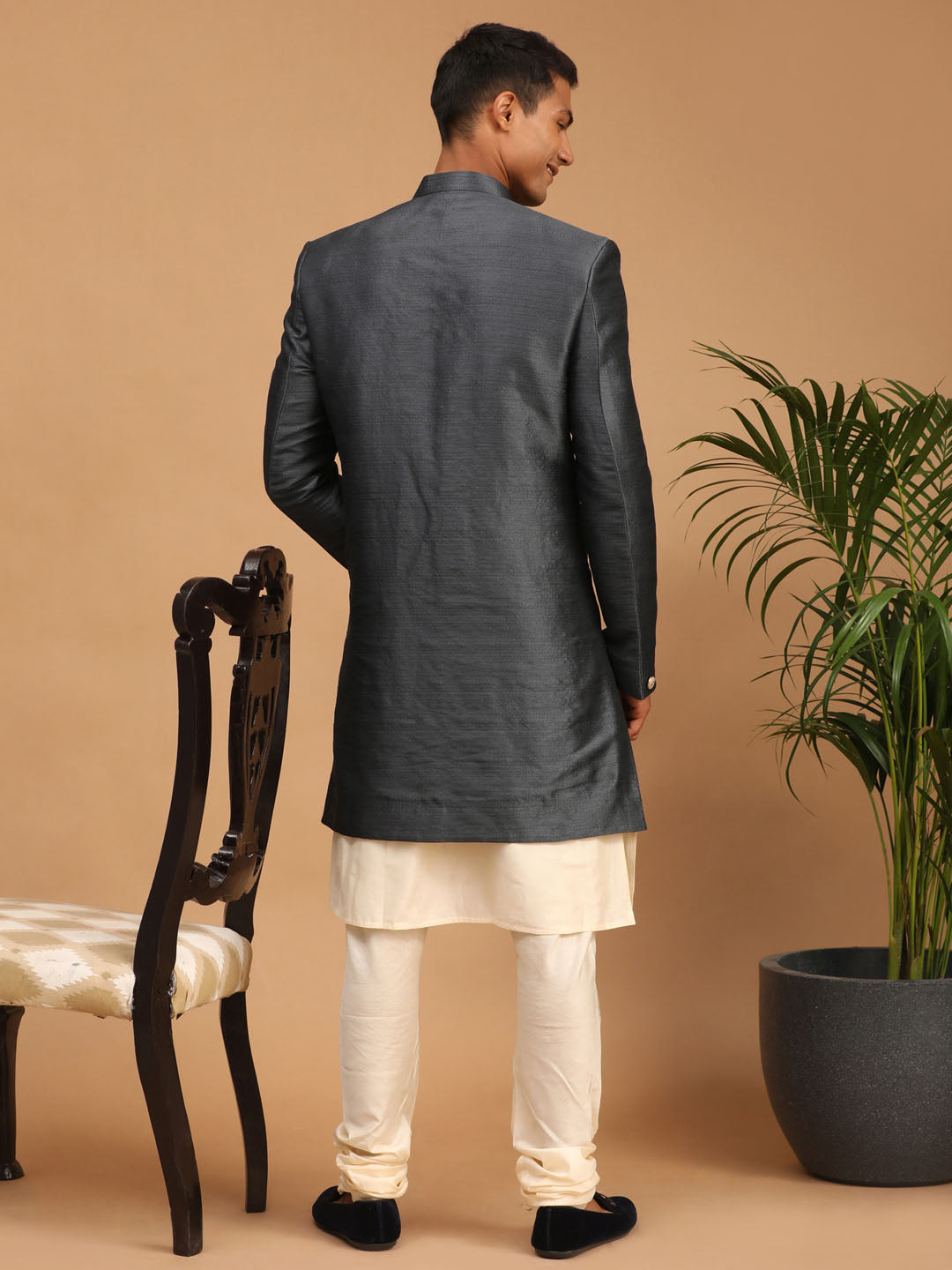 Men's Cream Viscose Straight Jacket  Kurta and Pyjama Set