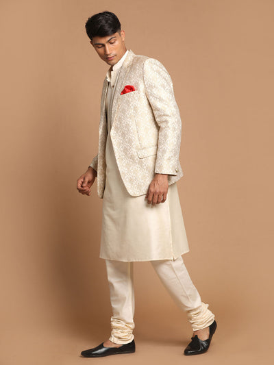 Men's Cream Viscose Straight Jacket  Kurta and Pyjama Set