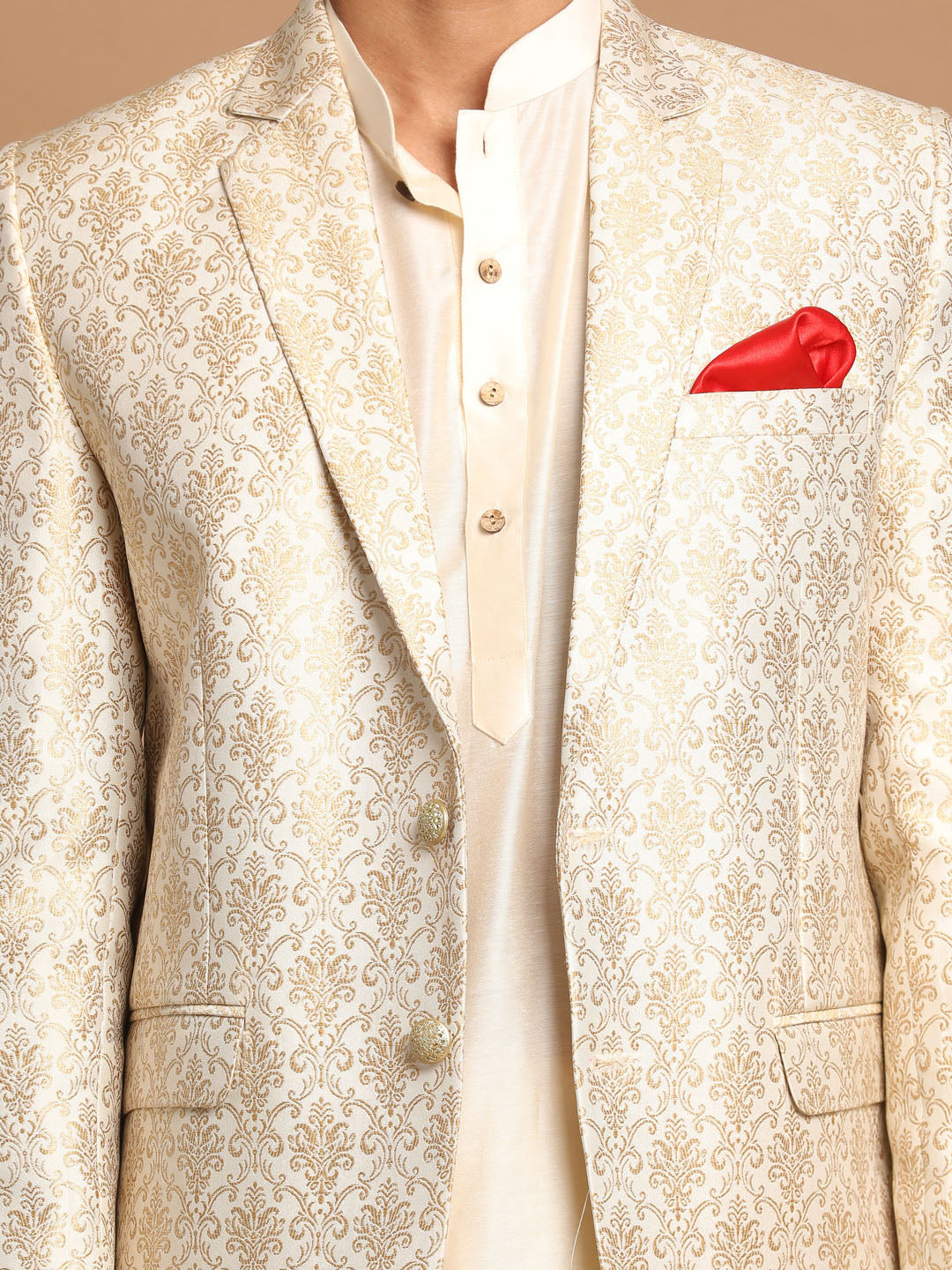 Men's Cream Viscose Straight Jacket  Kurta and Pyjama Set