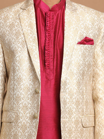 Men's Cream Viscose Straight Jacket  Kurta and Pyjama Set