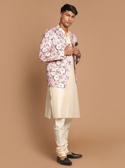 Men's Cream Viscose Straight Jacket  Kurta and Pyjama Set