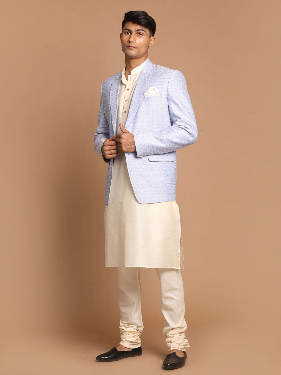 Men's Cream Viscose Straight Jacket  Kurta and Pyjama Set