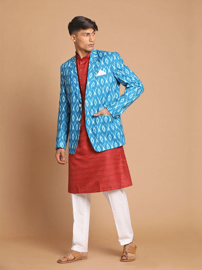 Men's Maroon Cotton Blend Straight Jacket  Kurta and Pyjama Set