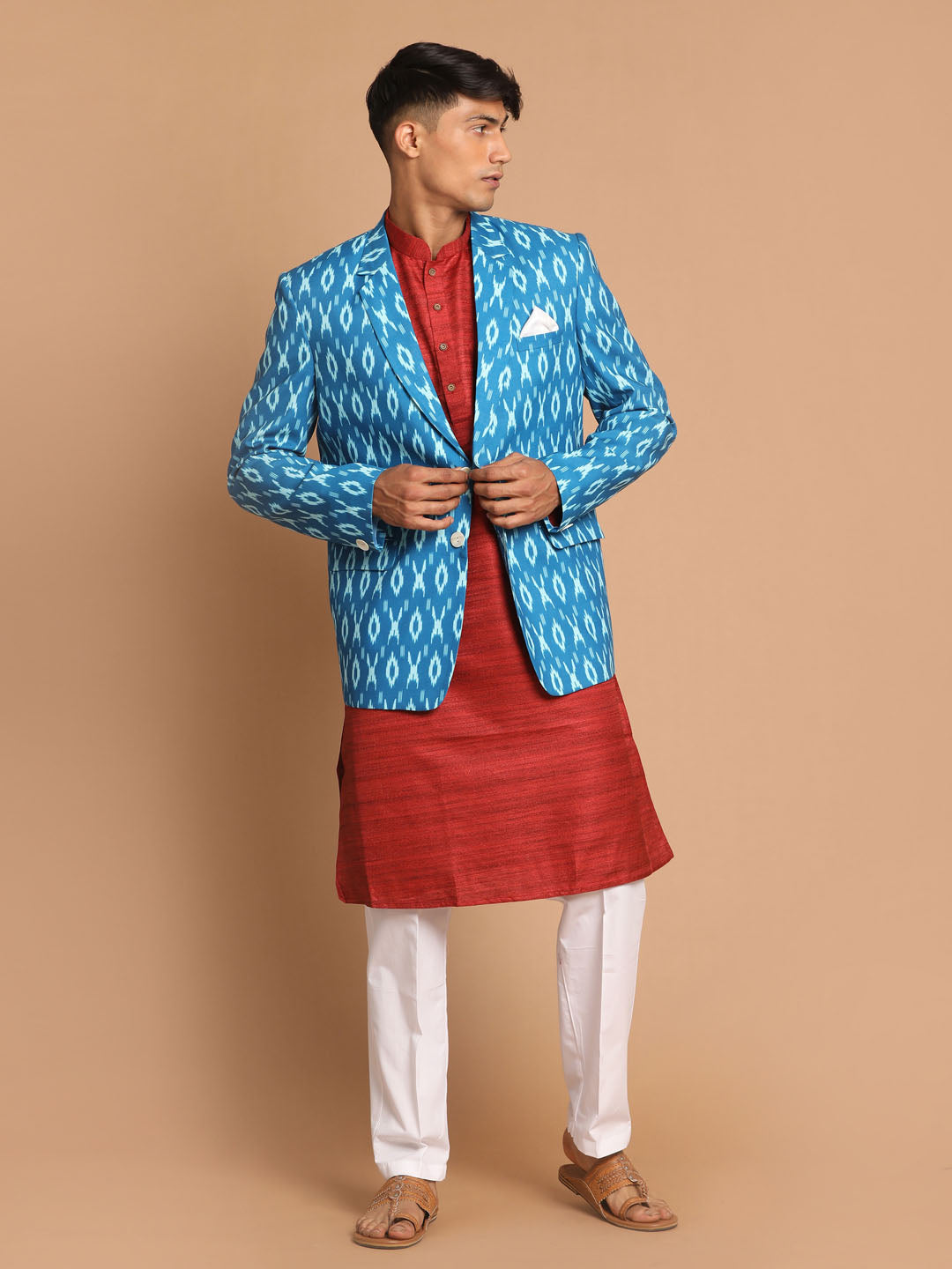 Men's Maroon Cotton Blend Straight Jacket  Kurta and Pyjama Set