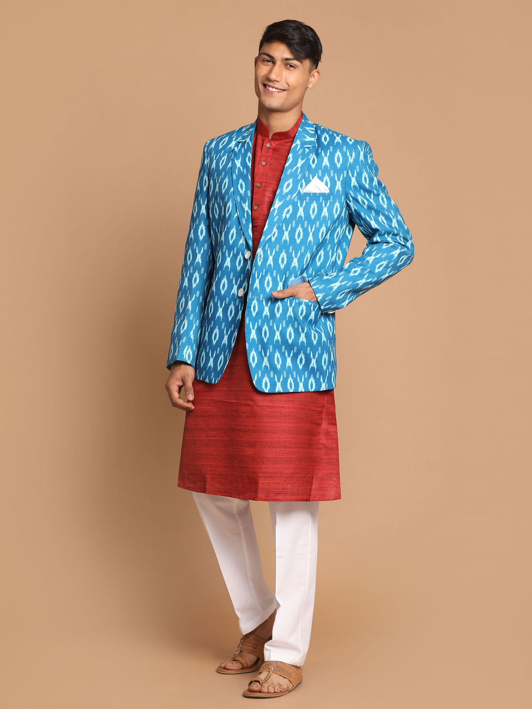 Men's Maroon Cotton Blend Straight Jacket  Kurta and Pyjama Set