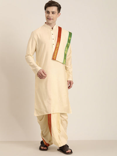 Men's Cream Viscose Straight Kurta Dhoti And Dupatta Set