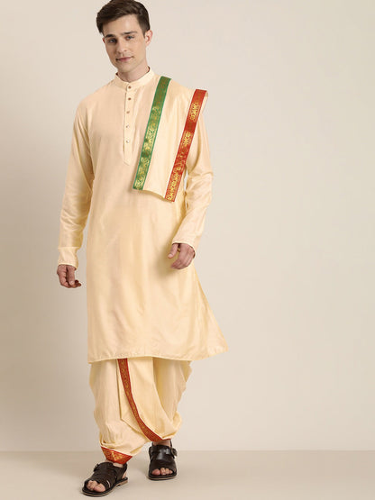 Men's Gold Viscose Straight Kurta Dhoti And Dupatta Set