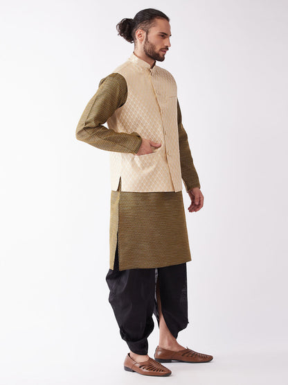 Men's Black Silk Blend Straight Jacket  Kurta and Dhoti Set