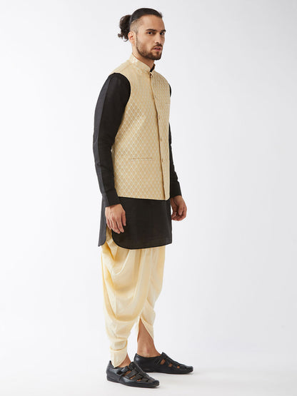 Men's Black Silk Blend Straight Jacket  Kurta and Dhoti Set