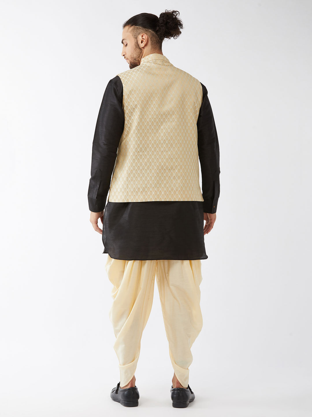 Men's Black Silk Blend Straight Jacket  Kurta and Dhoti Set