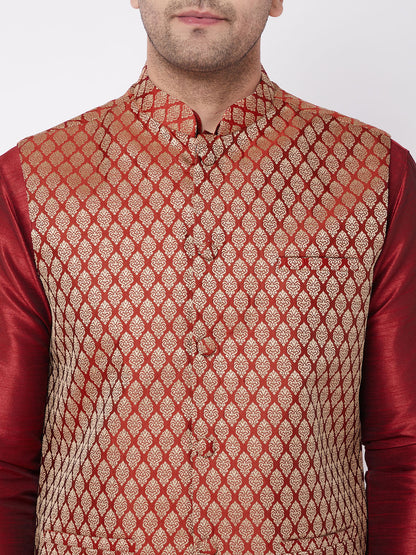 Men's Maroon Silk Blend Straight Jacket  Kurta and Dhoti Set