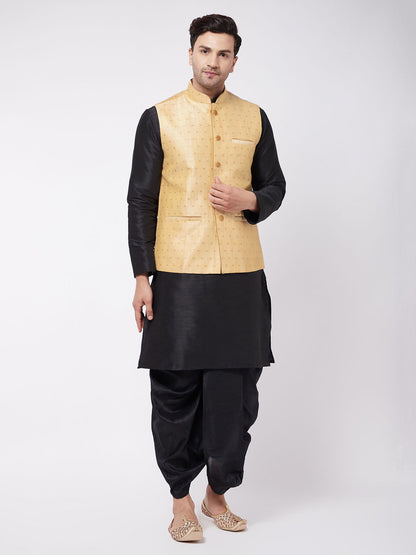 Men's Black Silk Blend Straight Jacket  Kurta and Dhoti Set