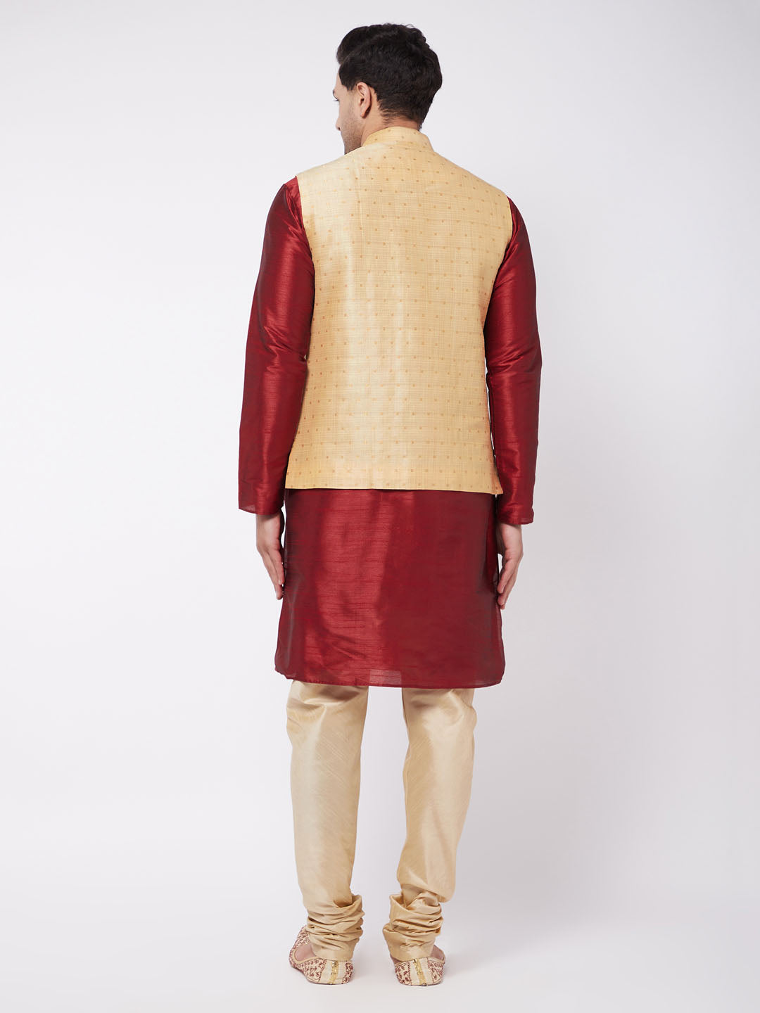 Men's Maroon Silk Blend Straight Jacket  Kurta and Pyjama Set