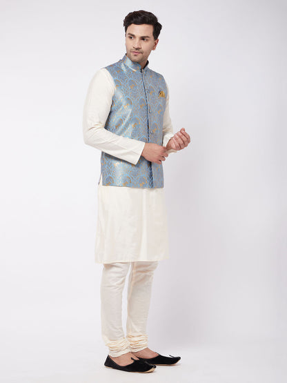 Men's Cream Viscose Straight Jacket  Kurta and Pyjama Set