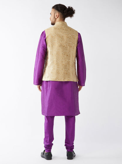 Men's Purple Silk Blend Straight Jacket  Kurta and Pyjama Set