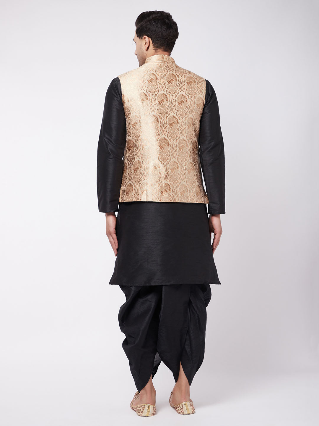 Men's Black Silk Blend Straight Jacket  Kurta and Dhoti Set