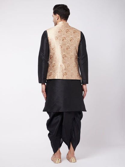 Men's Black Silk Blend Straight Jacket  Kurta and Dhoti Set