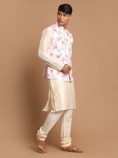 Men's Cream Viscose Straight Jacket  Kurta and Pyjama Set