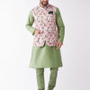 Men's Green Silk Blend Straight Jacket  Kurta and Pyjama Set
