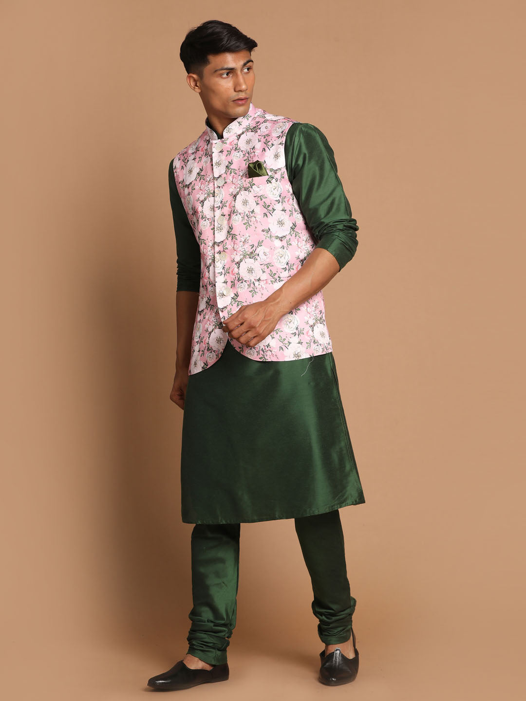 Men's Green Viscose Blend Straight Jacket  Kurta and Pyjama Set