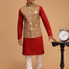 Men's Maroon Cotton Blend Straight Jacket  Kurta and Pyjama Set
