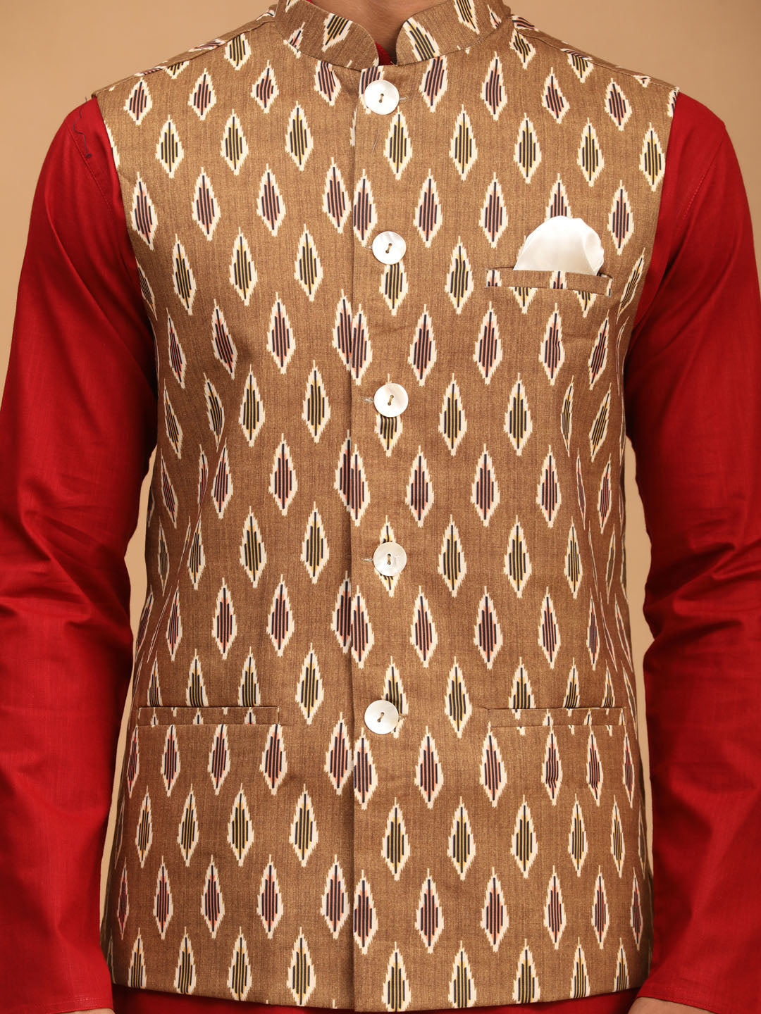Men's Maroon Cotton Blend Straight Jacket  Kurta and Pyjama Set