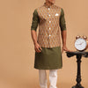 Men's Dark Green Cotton Blend Straight Jacket  Kurta and Pyjama Set