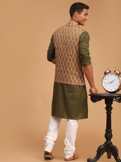 Men's Dark Green Cotton Blend Straight Jacket  Kurta and Pyjama Set