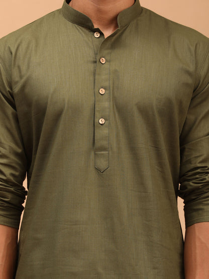 Men's Dark Green Cotton Blend Straight Jacket  Kurta and Pyjama Set