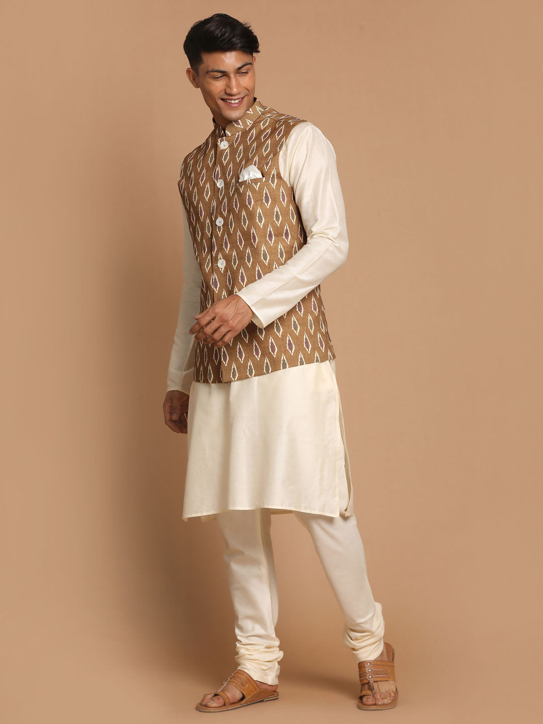 Men's Cream Viscose Straight Jacket  Kurta and Pyjama Set