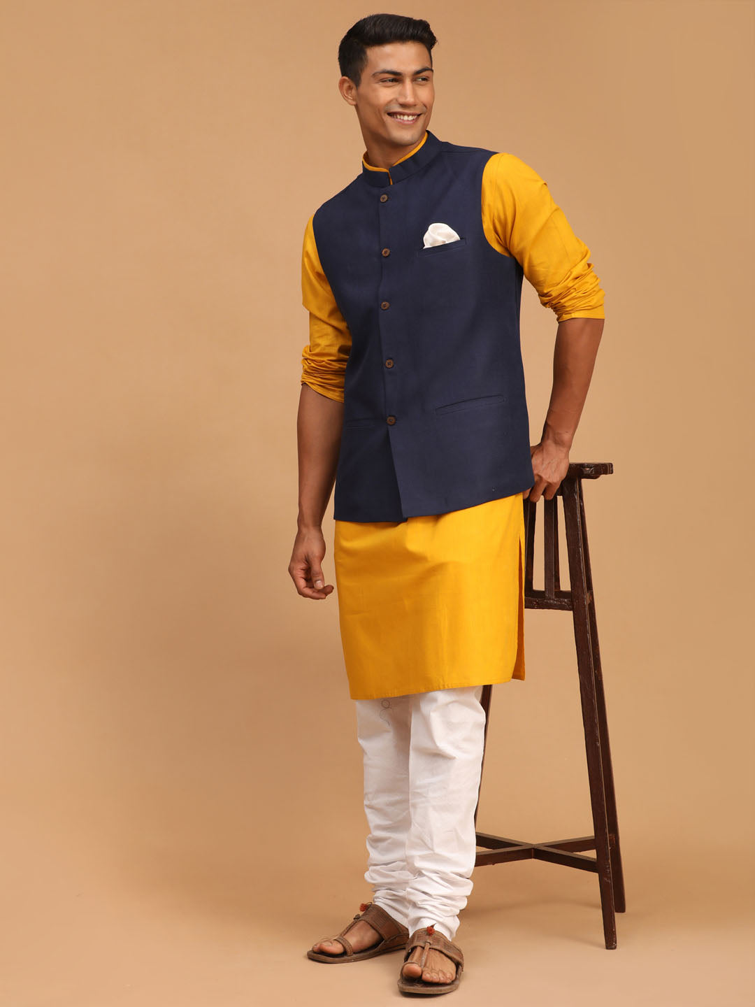 Men's Mustard Cotton Blend Straight Jacket  Kurta and Pyjama Set