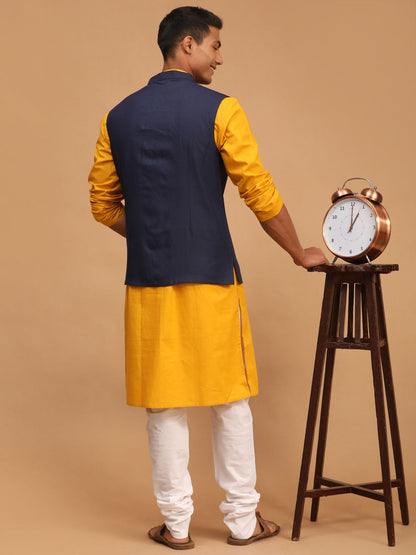 Men's Mustard Cotton Blend Straight Jacket  Kurta and Pyjama Set