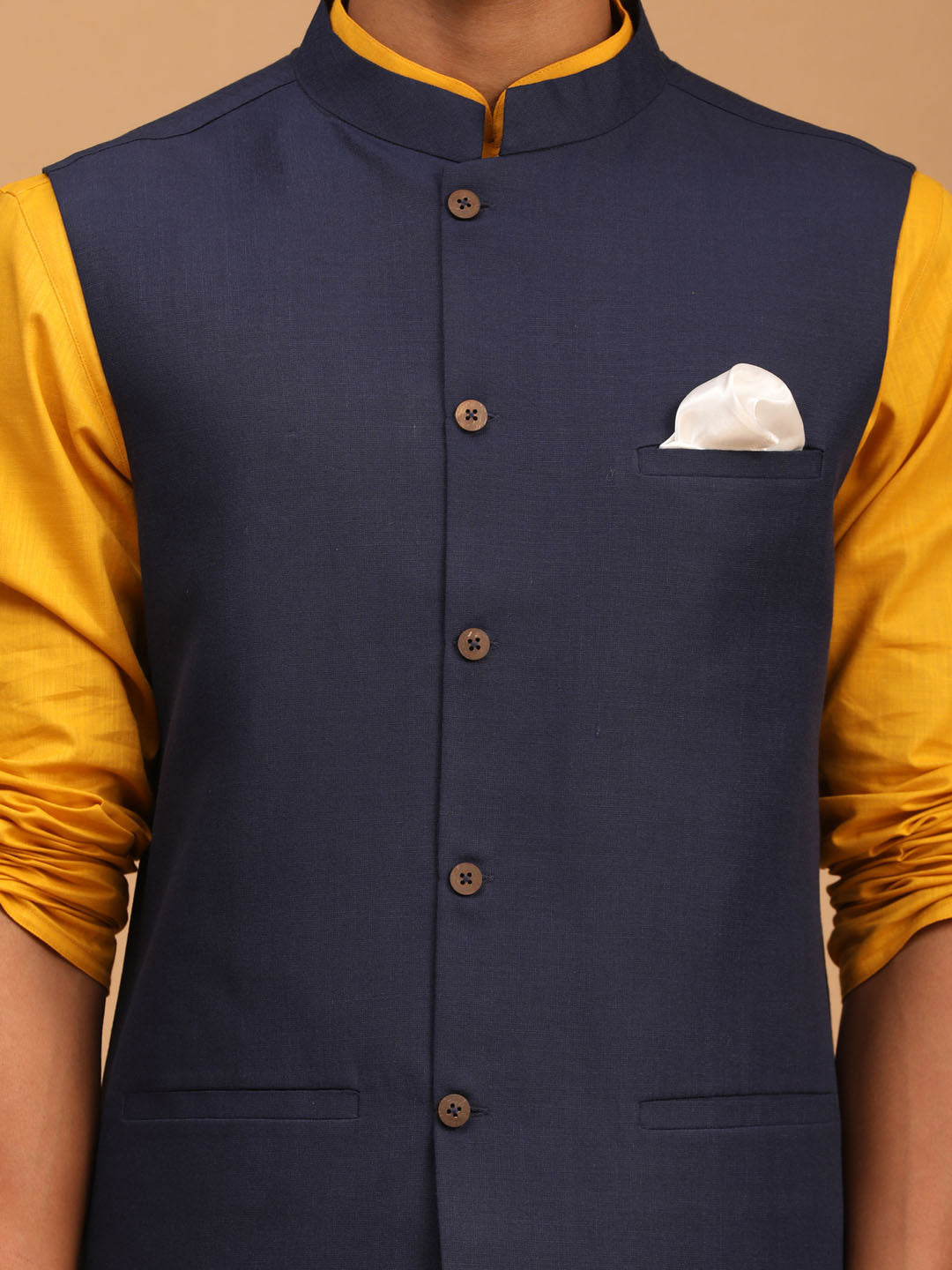 Men's Mustard Cotton Blend Straight Jacket  Kurta and Pyjama Set