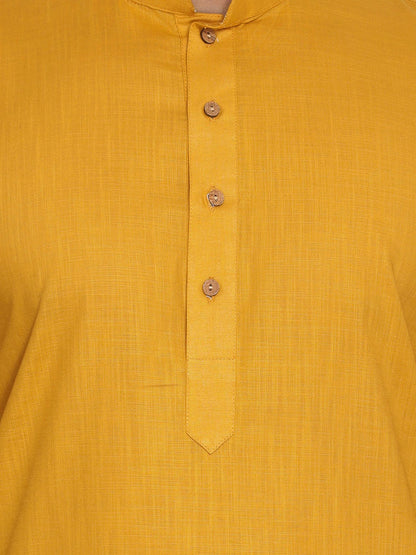 Men's Mustard Cotton Blend Straight Jacket  Kurta and Pyjama Set