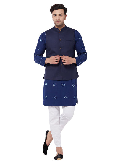 Men's Blue Pure Cotton Straight Jacket  Kurta and Pyjama Set