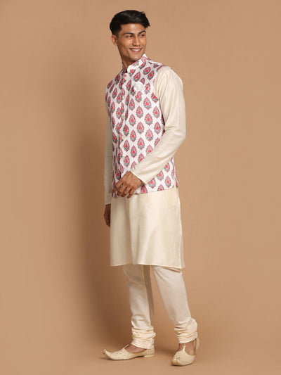 Men's Cream Viscose Straight Jacket  Kurta and Pyjama Set