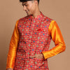 Men's Orange Silk Blend Straight Jacket  Kurta and Pyjama Set